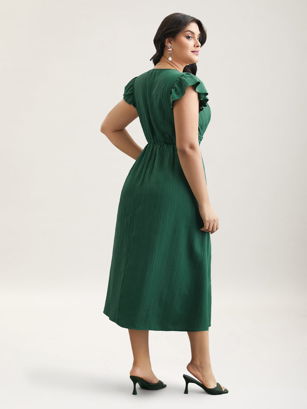 Lace Trim Stitch Textured Waist-Defined Midi Dress