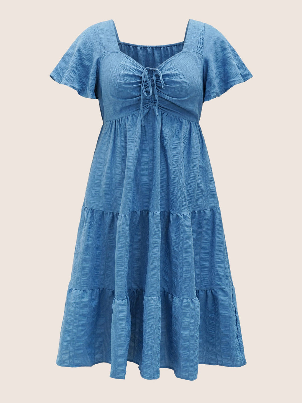 Plain Ruched Drawstring Pocket Ruffle Tiered Dress
